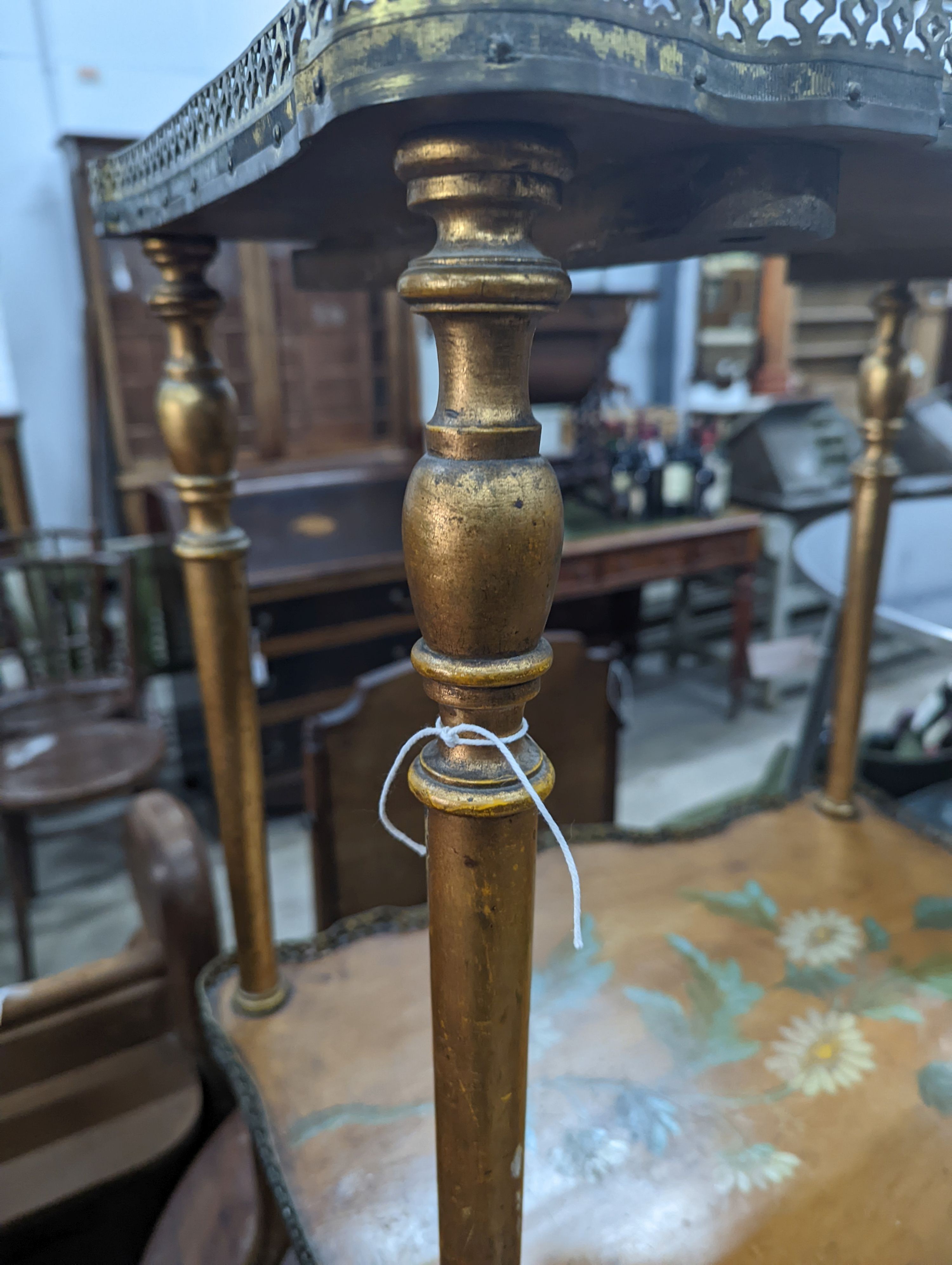 A late Victorian two tier walnut etagere, painted with birds amongst flowers, width 58cm, depth 43cm, height 74cm